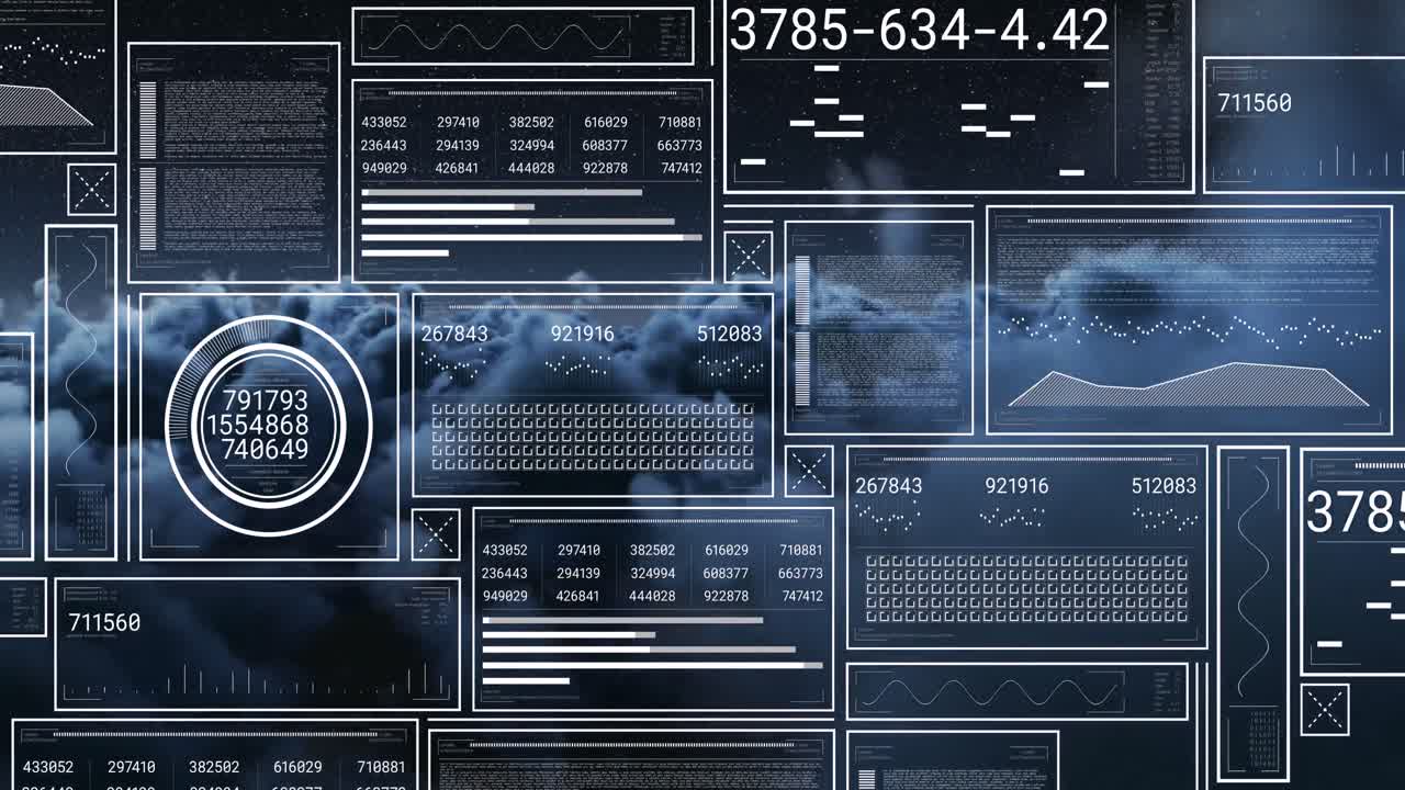 Animation of interface with data processing against dark clouds in the sky