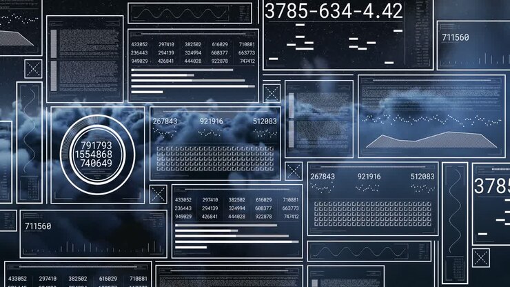Animation of interface with data processing against dark clouds in the sky