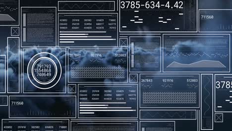 animación de la interfaz con procesamiento de datos contra nubes oscuras en el cielo.