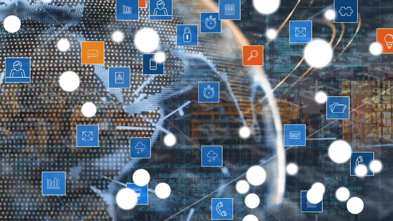 Animazione di rete di connessioni con icone su mappamondo