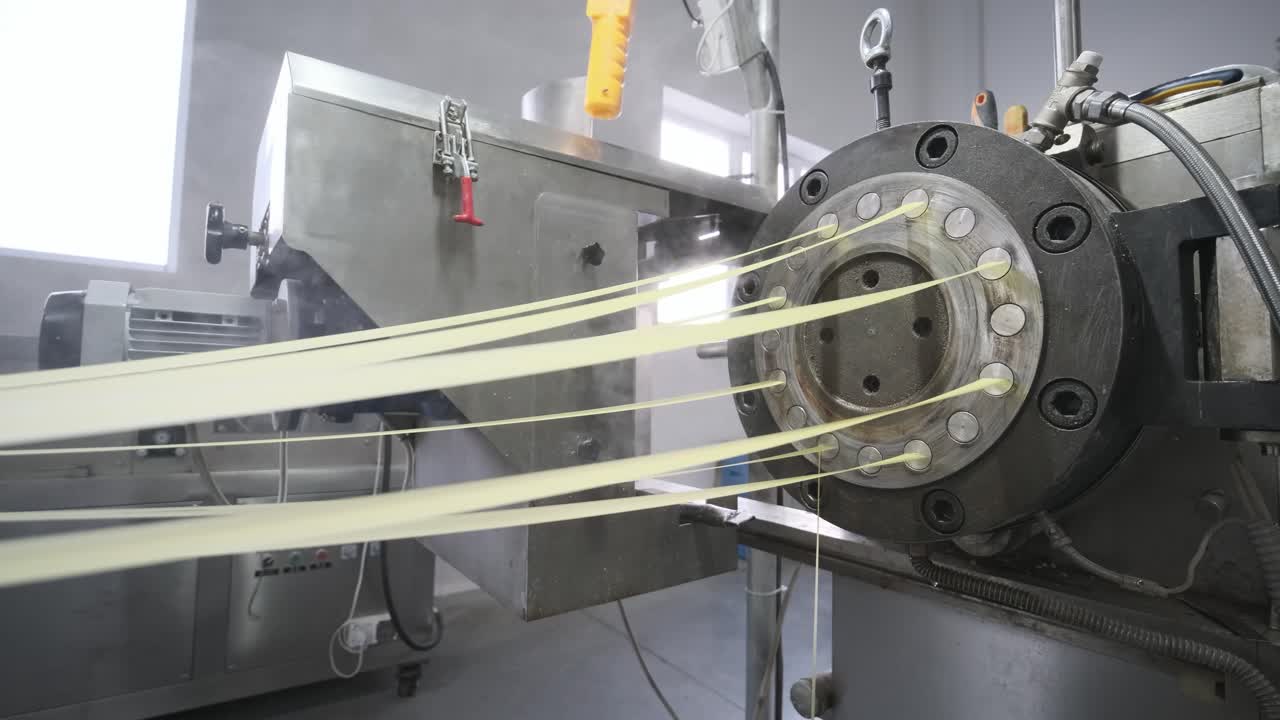 la línea de producción de la fábrica mueve las papas fritas doradas después de freírlas, en cámara lenta.