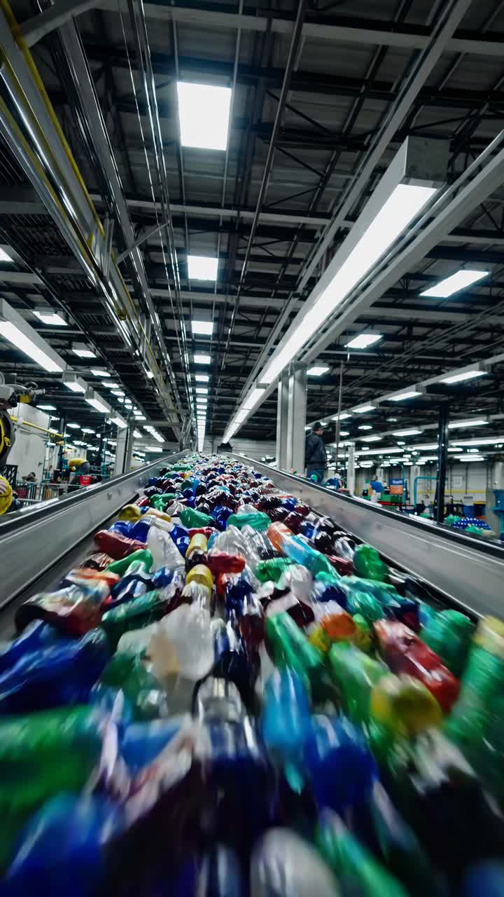 Plastic bottles on a conveyor belt in a recycling plant