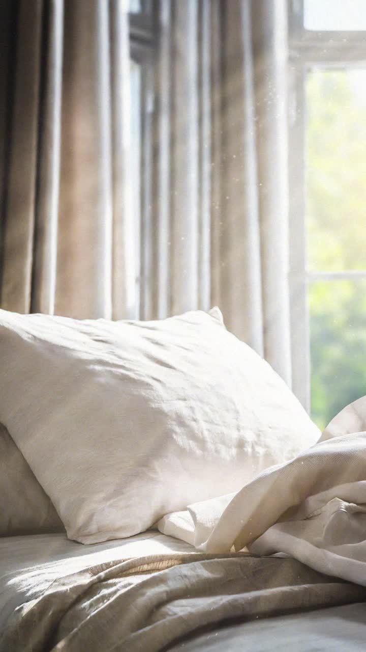 Luce del sole mattutina che illumina le particelle di polvere sopra un letto accogliente