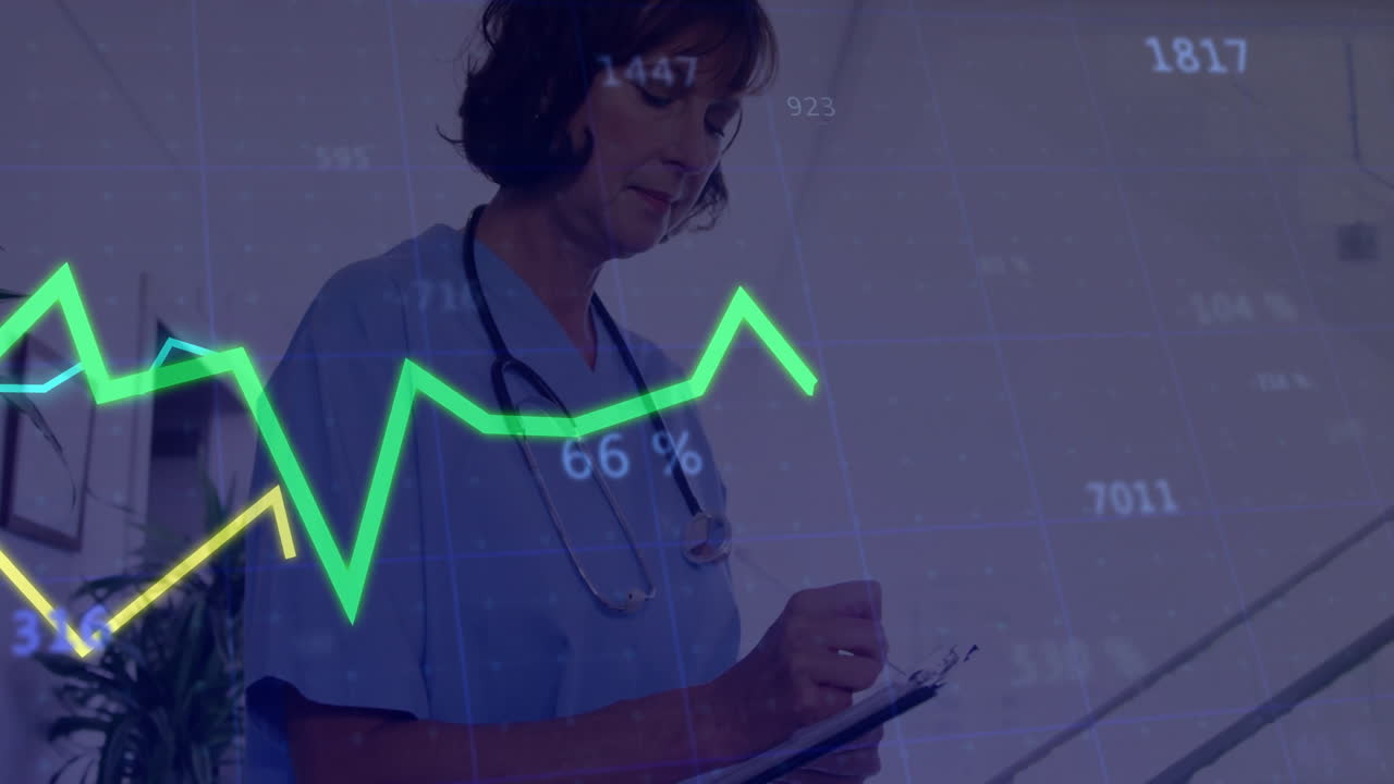 Nurse writing on clipboard in clinic, displaying health data grid and line graphs