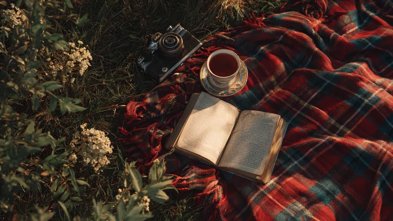 Un rifugio accogliente all'aperto: una vista panoramica di un libro aperto, una macchina fotografica vintage e tè su una coperta scozzese circondati da una vegetazione lussureggiante e fiori