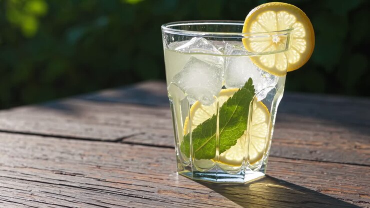 Limonata rinfrescante con menta e ghiaccio in un bicchiere su un tavolo rustico.