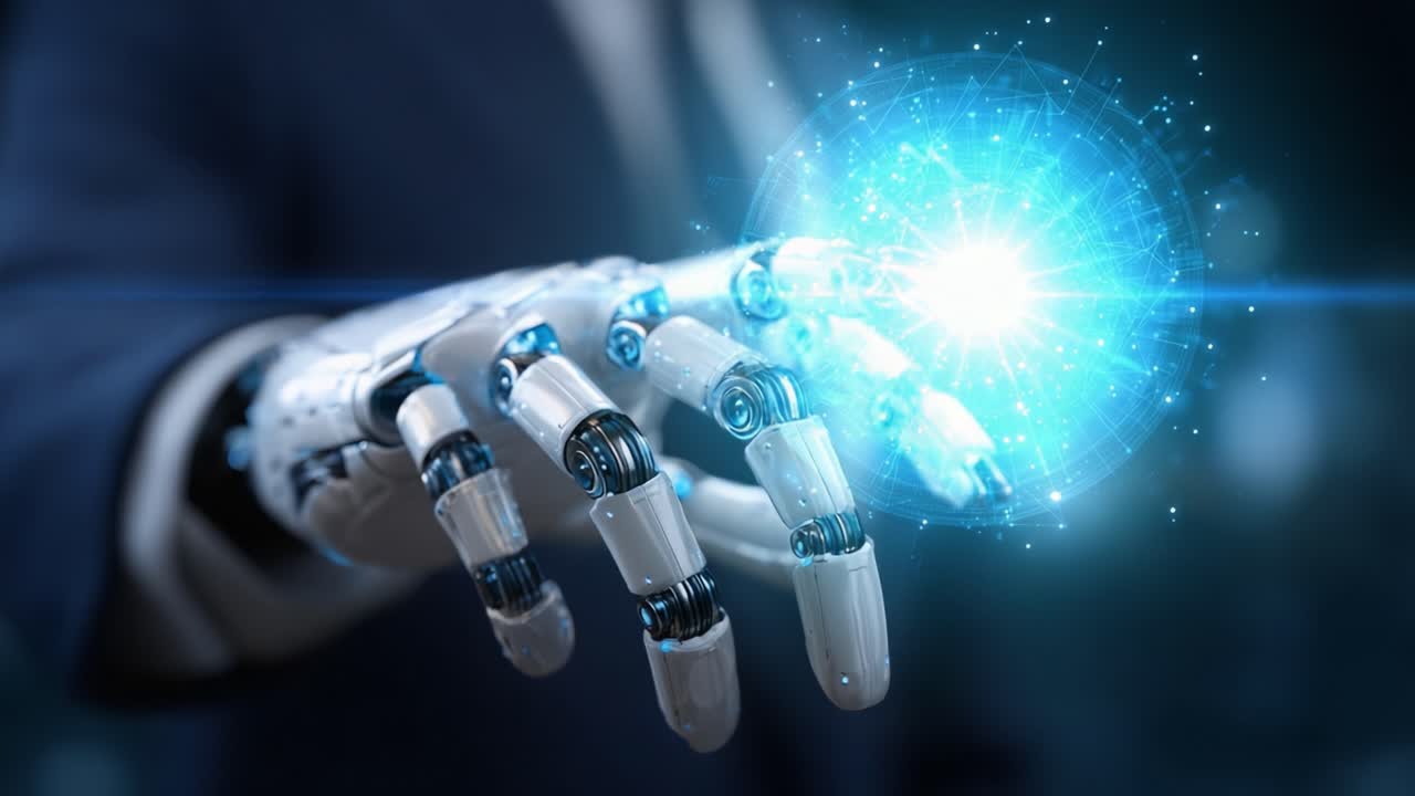 A Stunning Display of Technological Innovation Featuring a Robotic Hand Manipulating a Burst of Energy, Illustrating the Future of Robotics and Artificial Intelligence Interactions