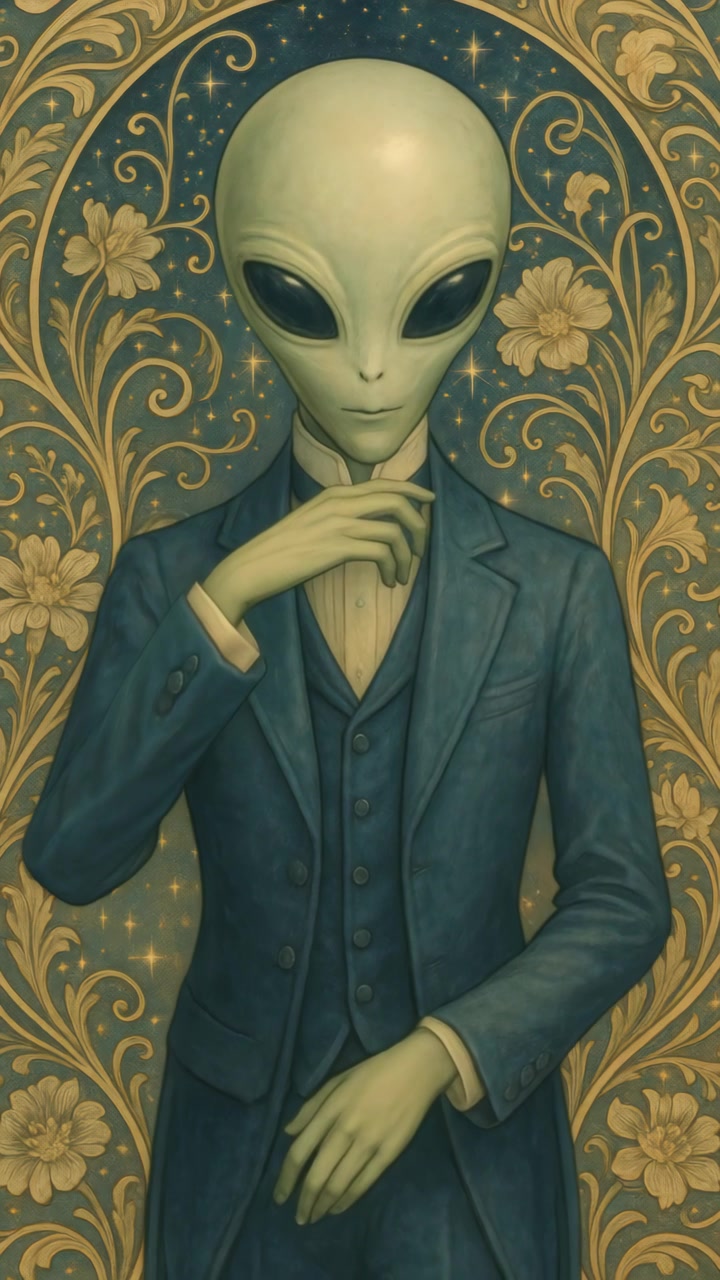 Elegant Alien in Formal Suit Adjusting Bow Tie