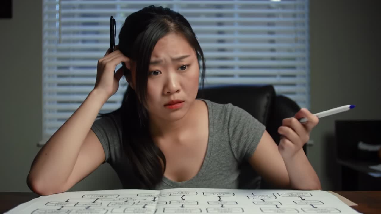 A young woman sits at a table, visibly frustrated while working on a large piece of paper. She holds a pen, surrounded by her thoughts and sketches in a quiet, dim environment.