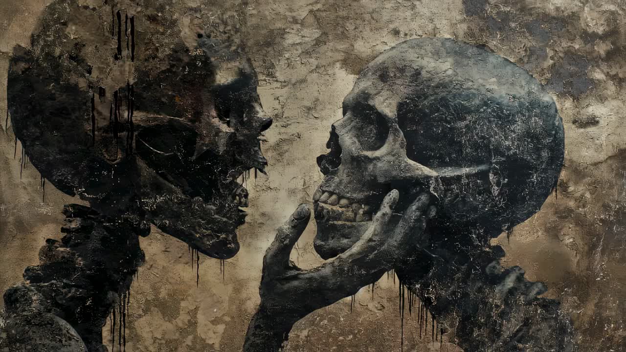 Two decaying skeletons, seemingly remnants of a forgotten past, engage in a gentle and intimate interaction, their skeletal fingers interlocked as if sharing a profound connection