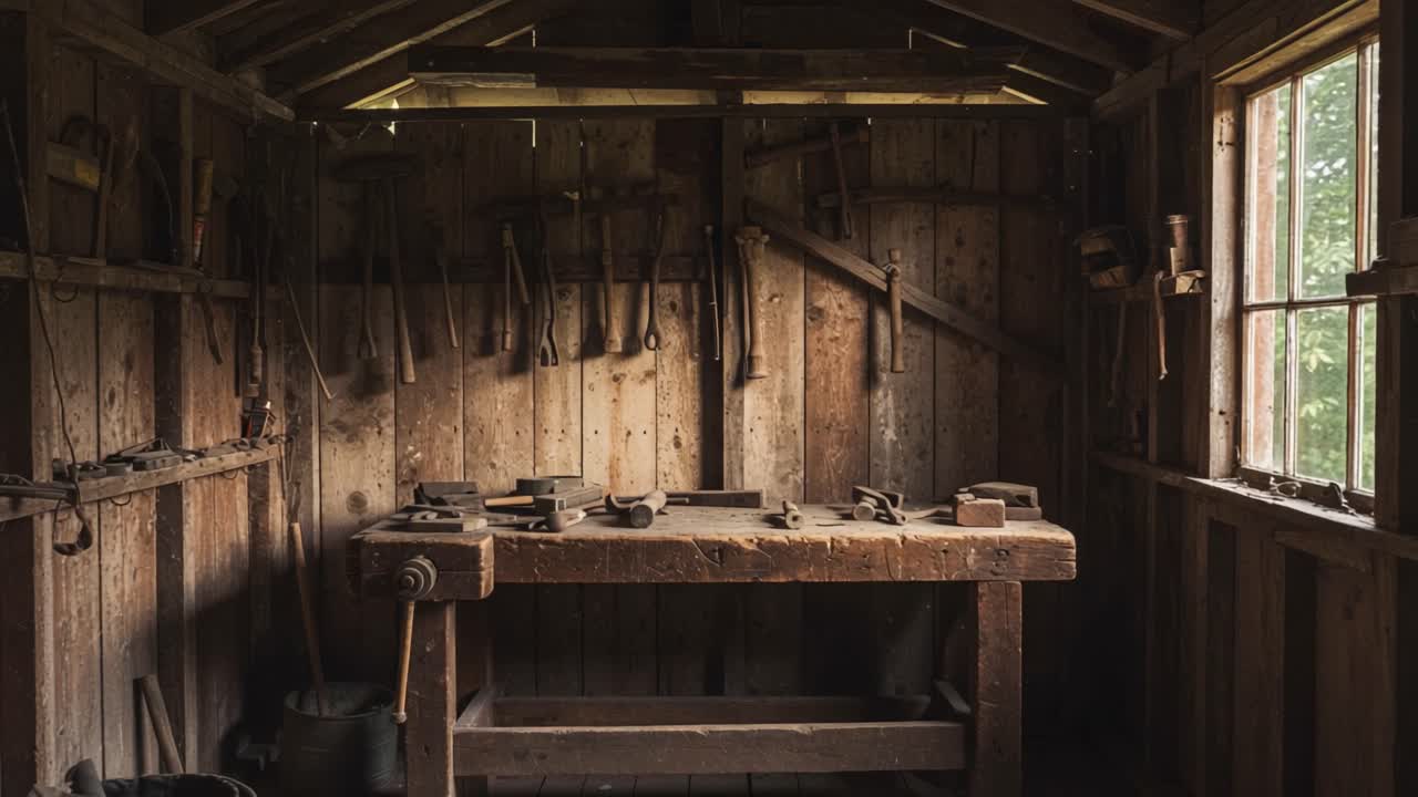 A Craftsman's Workshop: A Visual Journey Through a Rustic and Well-Organized Space Filled with Tools and Woodworking Equipment