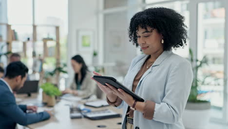 business woman, tablet and research in meeting