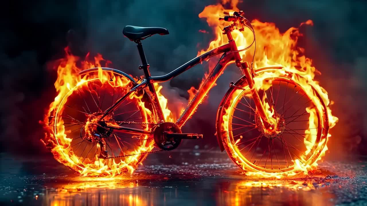 자전거가 은 도로에서 불길에 싸여 있다