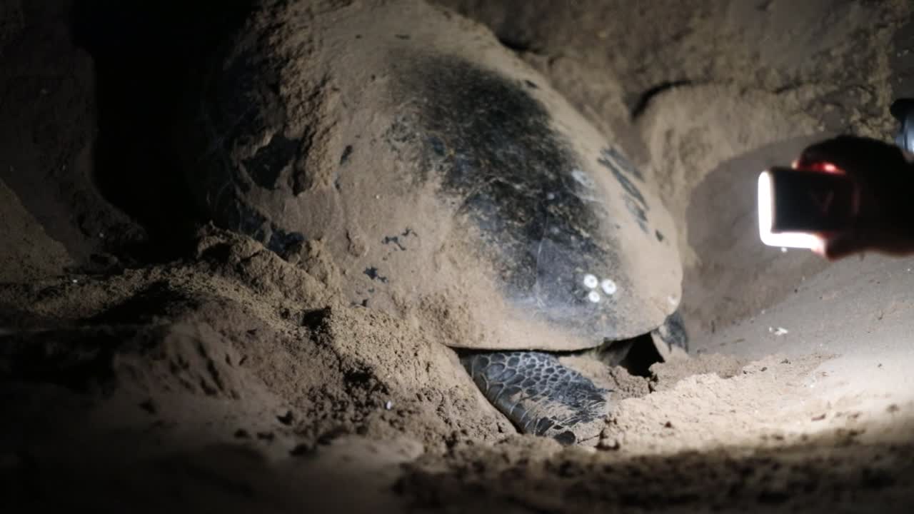 Turtles giving birth and a conservationalist measuring them at night during nesting season.