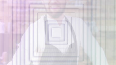 abstract geometric squares animation over person wearing apron in blurred background