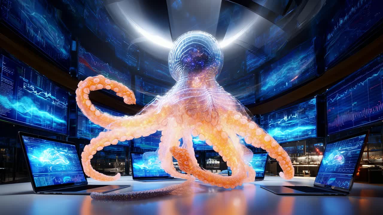 A vibrant, futuristic octopus interacts with multiple holographic screens in a high-tech environment, blending biology and technology in a surreal digital realm of data exploration and manipulation