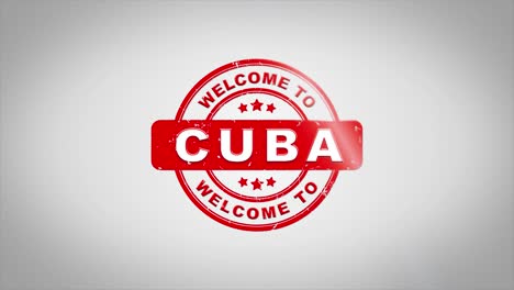 bienvenido a cuba firmado texto de estampado animación de sello de madera. tinta roja en papel blanco limpio fondo de superficie con fondo matte verde incluido.