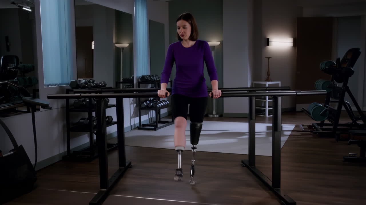 Woman with leg prosthesis using parallel bars for rehabilitation
