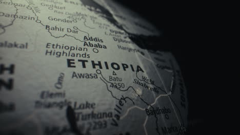 close-up of an ethiopia map on a world globe