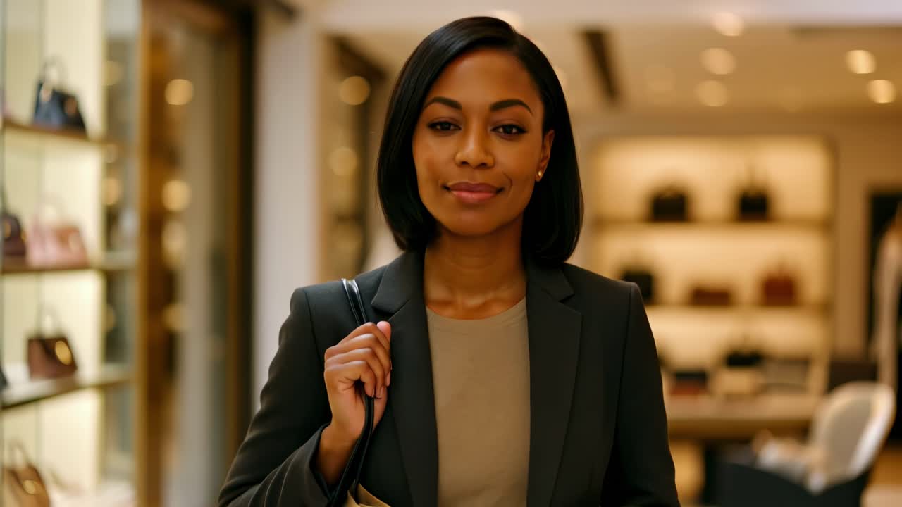 A confident woman in a blazer smiles while shopping, captured at eye level