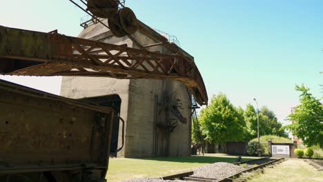 Panoramic-view-of-old-coal-mining-machinery-on-display-at-the-Railway-Museum-in-Temuco,-Chile
