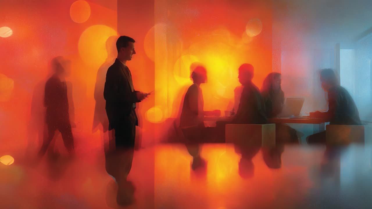 A Dynamic Office Scene Captured in Two Frames: Individuals Engaged in Collaboration Under a Vibrant Colorful Atmosphere, Blurred Yet Impactful