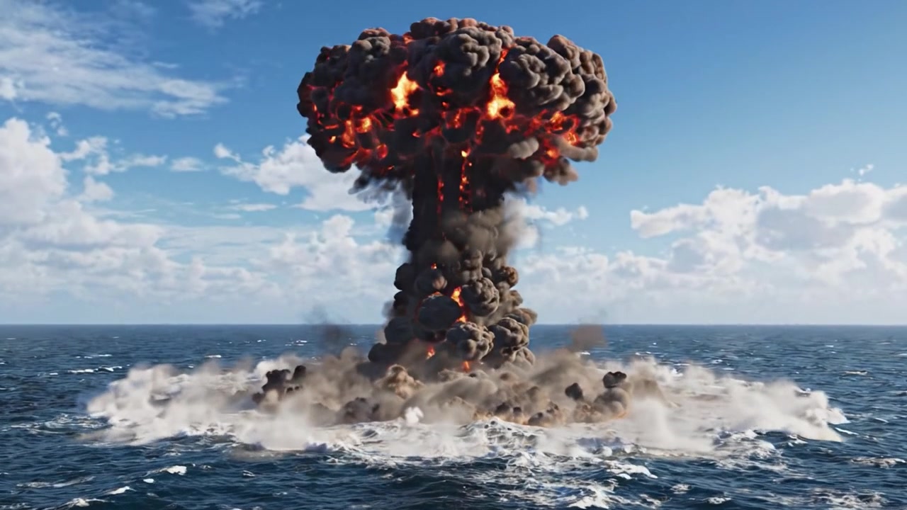 En kraftig undervannseksplosjon skaper en massiv ildkule og soppsky over havet, som viser naturens demonstrasjon av energi og ødeleggelse