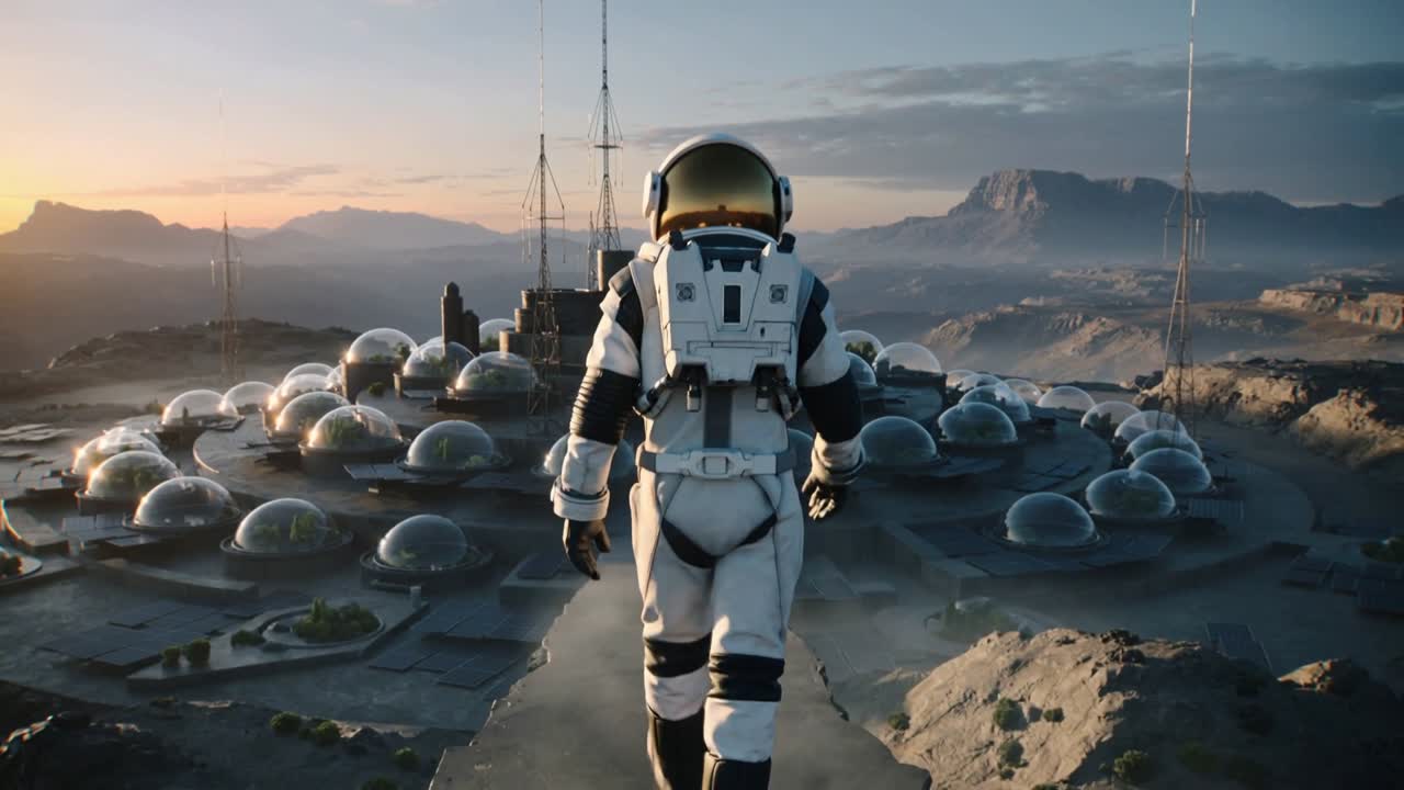 Gående astronaut i hvid rumdragt bærer livsopretholdende rygsæk mod kupler og antenne med solopgang.