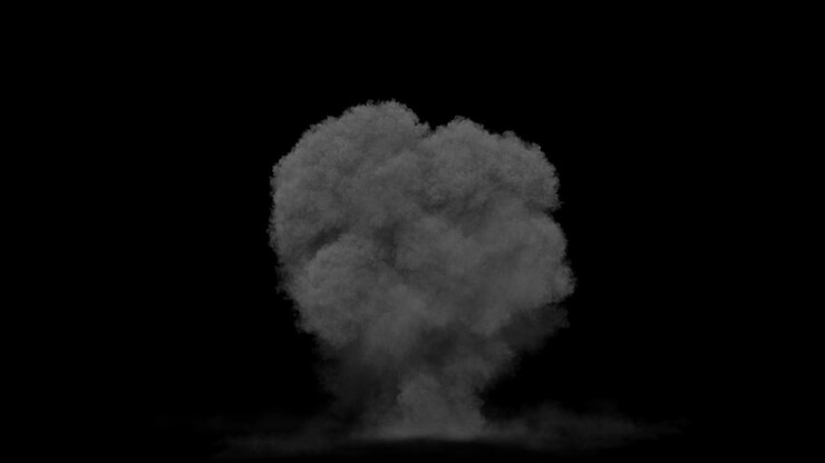 A powerful explosion ignites with a bright burst of fire, rapidly generating a large, dense cloud of dark gray smoke that expands and rises against a transparent background.