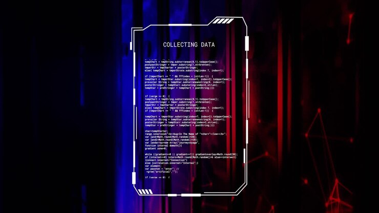 Animation af indsamling af data, tekstfilbehandling over blå og røde lys på computerservere