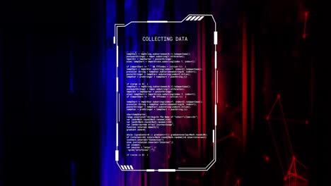 Animation of collecting data text file processing over blue an red lights on computer servers