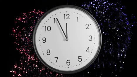 Animación-Del-Tictac-Del-Reloj-Que-Muestra-La-Medianoche-Con-Fuegos-Artificiales-Sobre-Fondo-Negro