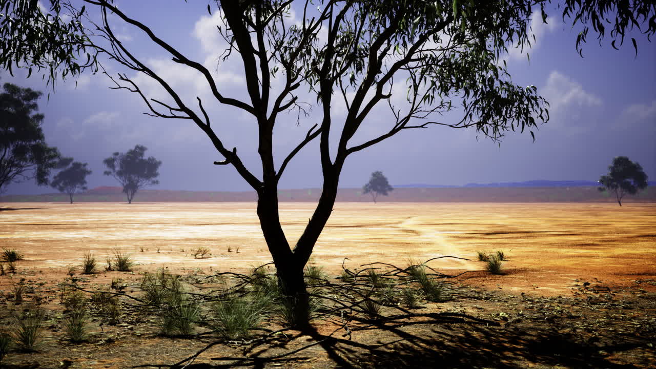 Barren landscape with dramatic shadows under a vast sky at dusk