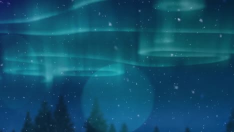 digital animation of snow falling over winter landscape against glowing spots of light in night sky