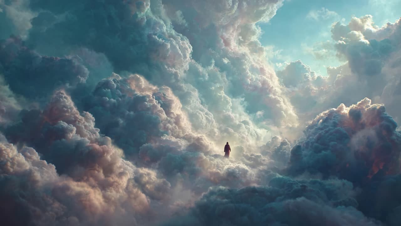 Una figura solitaria viaggia attraverso la vasta, eterea distesa di nuvole colorate e ondeggianti, sperimentando la bellezza mozzafiato di un'atmosfera ultraterrena.