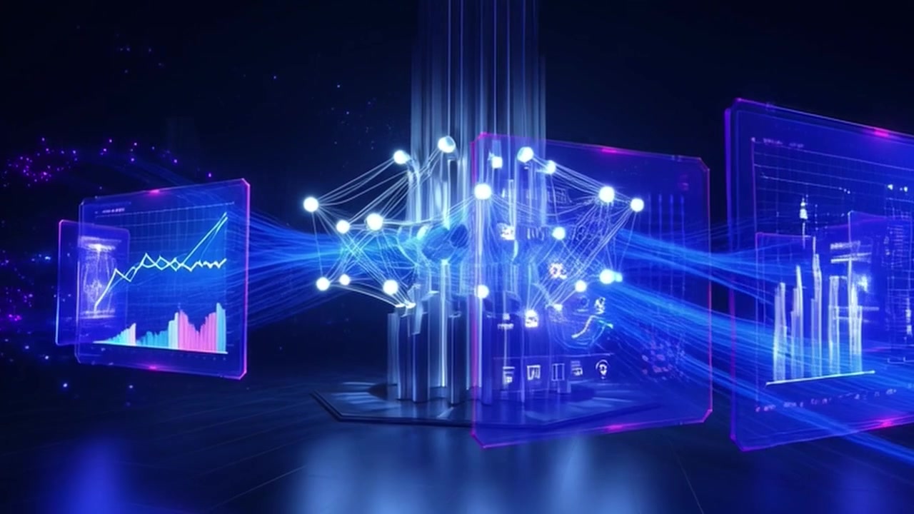 Futuristic Digital Data Hub with Floating Holographic Charts and Cloud Computing