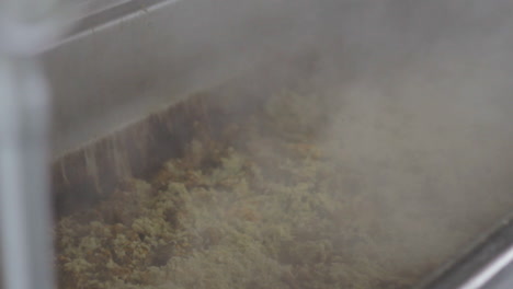línea de producción de comida preparada en una fábrica, comida leída al vapor, vista de cerca