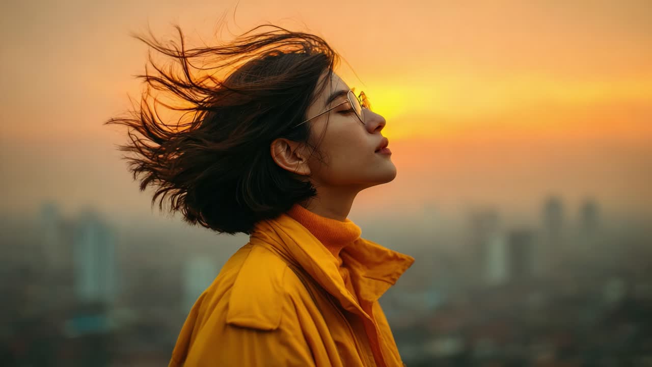 A Portrait of Contemplation Against a Beautiful Sunset: Capturing the Serenity of a Woman with Windswept Hair in a Vibrant Yellow Jacket
