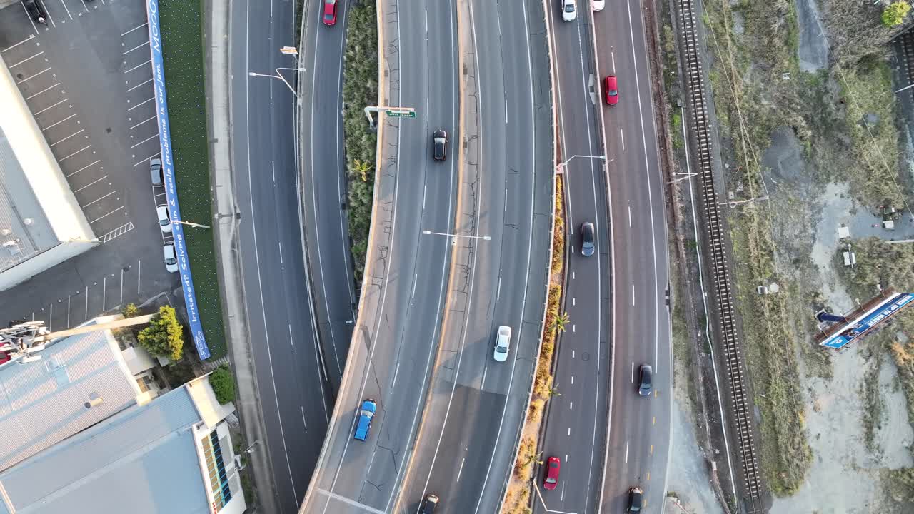 Top down shot from above Brisbane City's ICB inner city bypass and Mayne Railway Yard