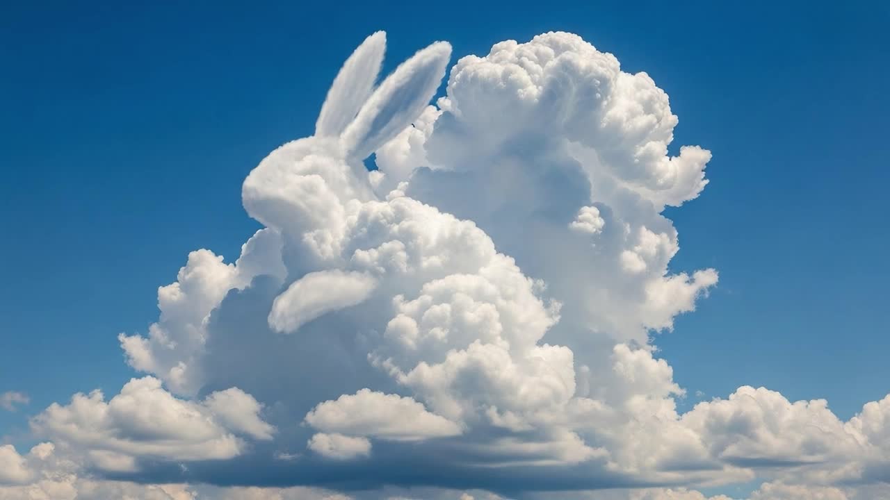 Whimsical Cloud Formation Resembling a Playful Rabbit in a Bright Blue Sky, Capturing the Imagination and Wonder of Nature's Artistry