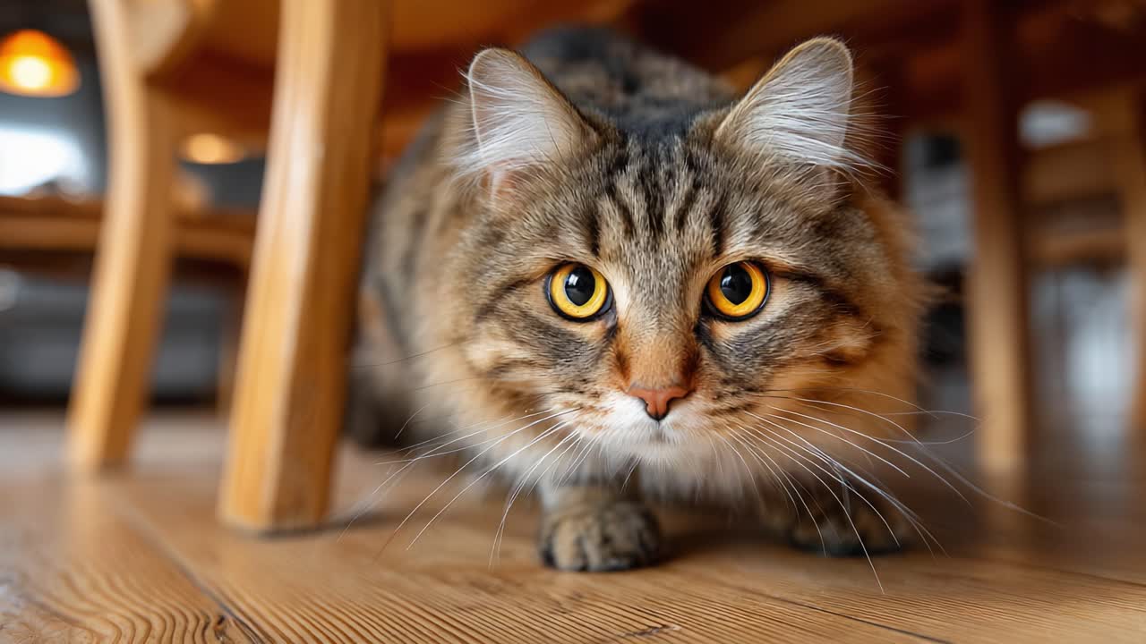 Un gatto curioso che osserva da sotto un mobile, cattura l'attenzione con i suoi occhi incantevoli e la sua postura giocosa in un accogliente ambiente interno