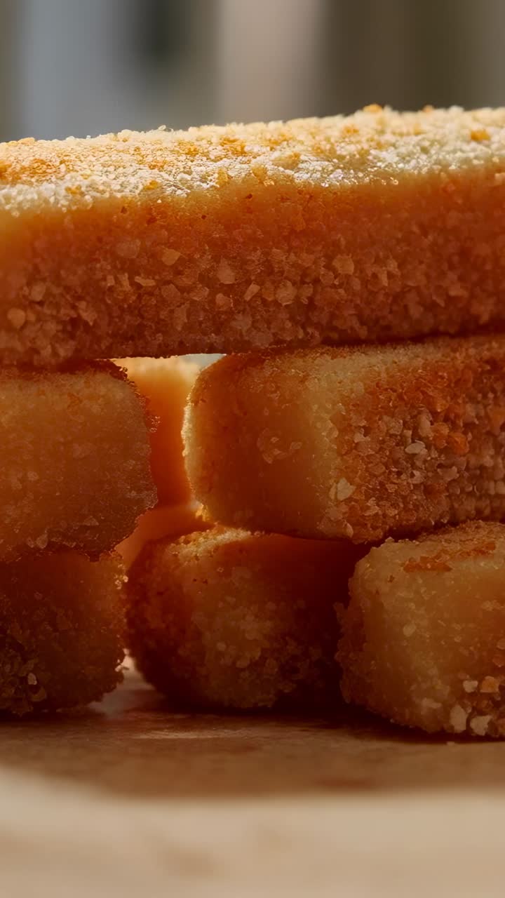 Vertical video: Entering hand lifting top breaded stick on counter, moving pile, crumbs falling
