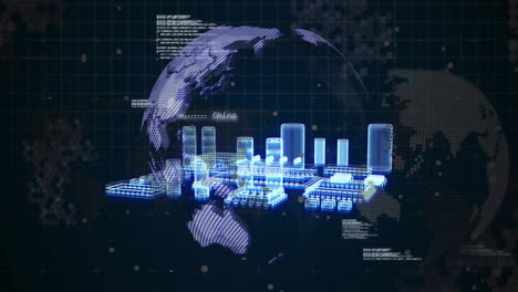 animation of computing board and data processing over globes