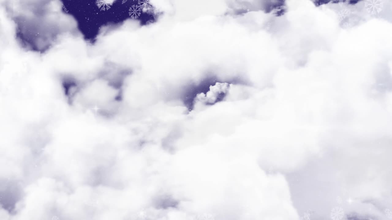 animación de nieve cayendo y cielo con nubes blancas en el fondo