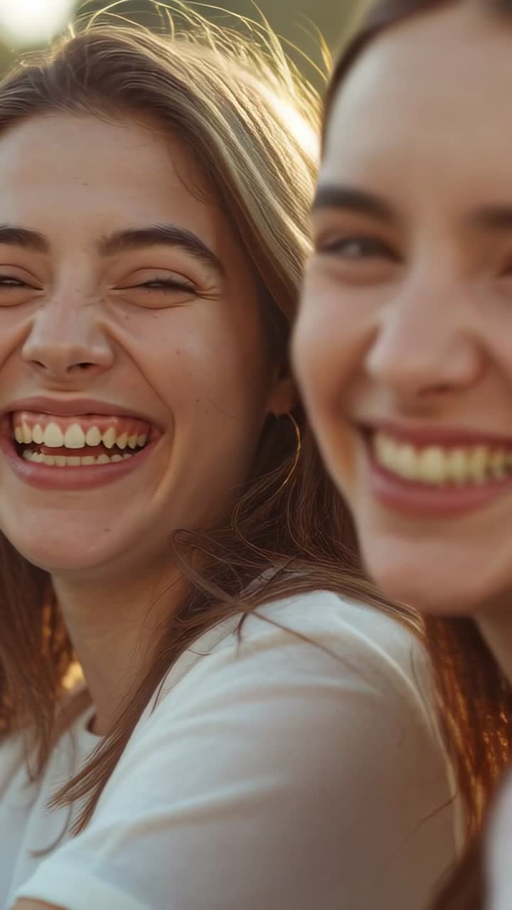 Video vertical: Mujer sonriendo, intercambiando miradas y riendo con una amiga en el parque, con camisetas blancas y pendientes de aro dorados.