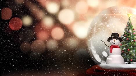 snow falling over snowman and christmas tree in a snow globe against spots of light