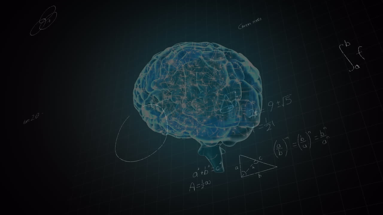 animación de ecuaciones matemáticas sobre un modelo digital del cerebro humano sobre un fondo negro