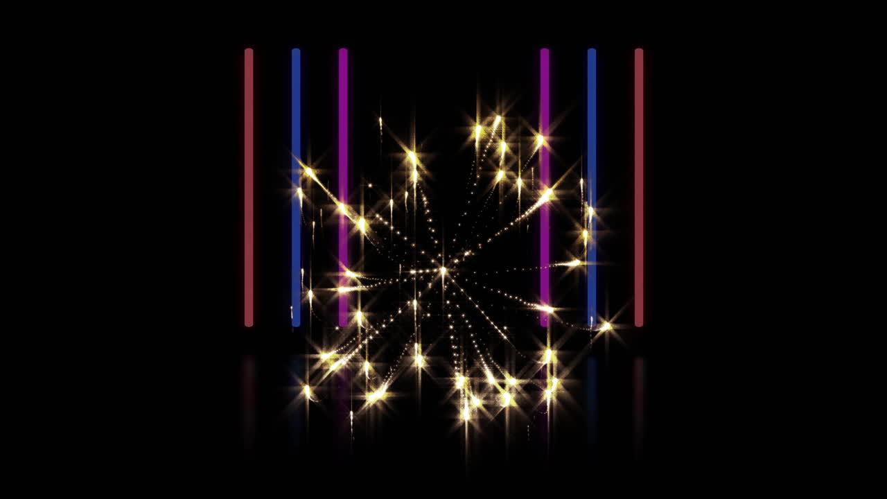 Animation of exploding fireworks and glowing light trails moving over black background