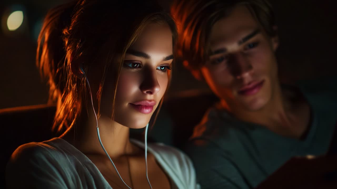 A Cozy Evening Together: A Young Couple Enjoying Music, Sharing Moments and Connection While Engrossed in Their Devices in a Softly Lit Room, Highlighting Their Intimate Experience and Emotion