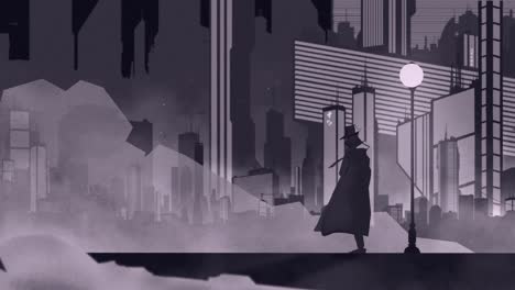 Animación-2d,-Un-Hombre-Misterioso-En-Una-Ciudad-Futurista-Con-Luces-De-Neón-Y-Niebla